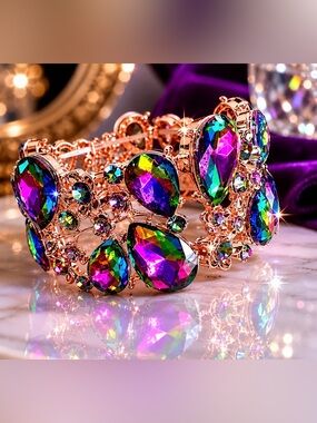Iridescent Watermelon Crystal Cuff Stretch Bracelet